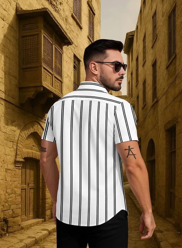 White_Striped_Short_Sleeve_Casual_Shirt,_Cotton_Blend