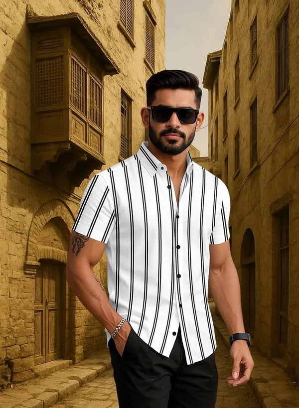 White_Striped_Short_Sleeve_Casual_Shirt,_Cotton_Blend