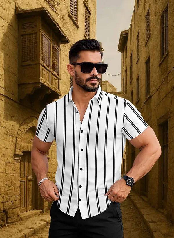 White_Striped_Short_Sleeve_Casual_Shirt,_Cotton_Blend