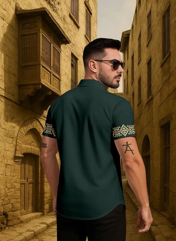 Green_Embroidered_Short_Sleeve_Shirt,_Dark_Green_With_Gold_Pattern,_Casual_Button_Down