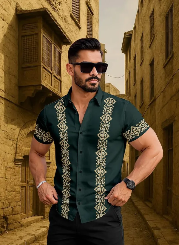 Green_Embroidered_Short_Sleeve_Shirt,_Dark_Green_With_Gold_Pattern,_Casual_Button_Down