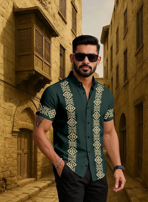 Green_Embroidered_Short_Sleeve_Shirt,_Dark_Green_With_Gold_Pattern,_Casual_Button_Down
