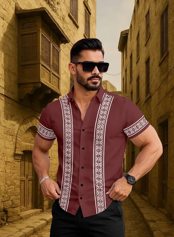 Maroon_Short_Sleeve_Button_Down_Shirt,_Burgundy_With_White_Geometric_Pattern,_Casual_Summer_Wear