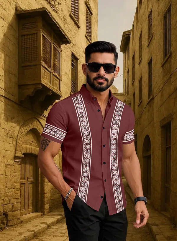 Maroon_Short_Sleeve_Button_Down_Shirt,_Burgundy_With_White_Geometric_Pattern,_Casual_Summer_Wear