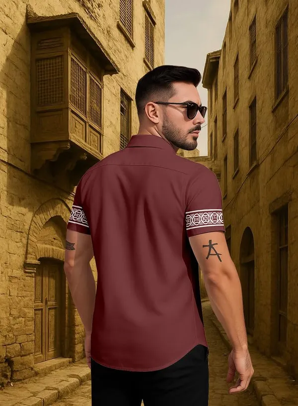 Maroon_Short_Sleeve_Button_Down_Shirt,_Burgundy_With_White_Geometric_Pattern,_Casual_Summer_Wear