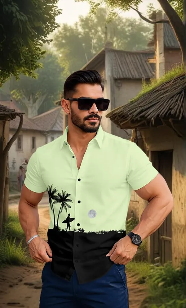 Parrot_Beach_Print_Short_Sleeve_Shirt,_Light_Blue_And_Black_Colour_Block_Design_With_Palm_Tree_Pattern,_Casual_Summer_Button_Down