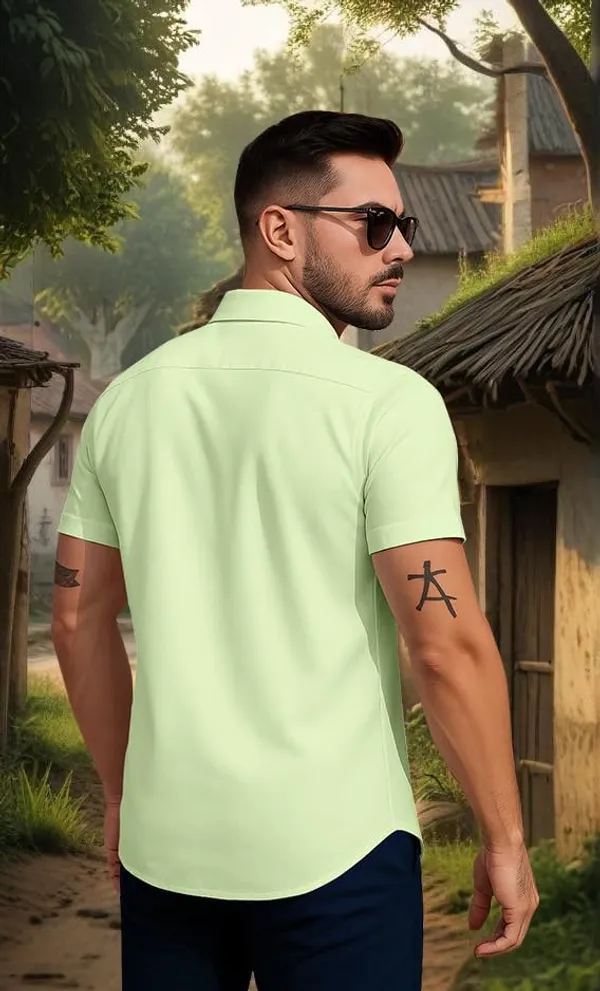Parrot_Beach_Print_Short_Sleeve_Shirt,_Light_Blue_And_Black_Colour_Block_Design_With_Palm_Tree_Pattern,_Casual_Summer_Button_Down