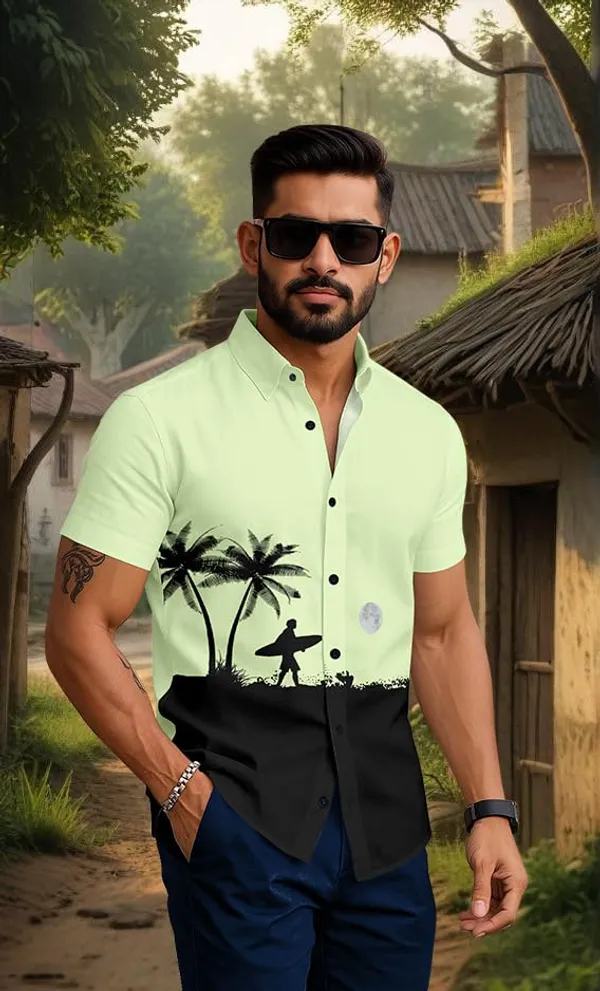 Parrot_Beach_Print_Short_Sleeve_Shirt,_Light_Blue_And_Black_Colour_Block_Design_With_Palm_Tree_Pattern,_Casual_Summer_Button_Down