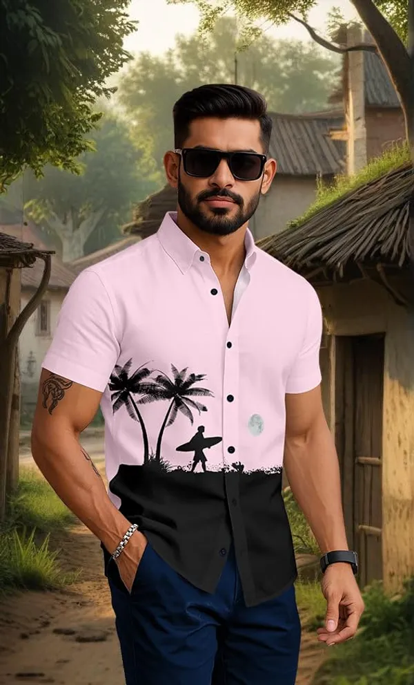 Pink_Beach_Print_Short_Sleeve_Shirt,_Light_Blue_And_Black_Colour_Block_Design_With_Palm_Tree_Pattern,_Casual_Summer_Button_Down