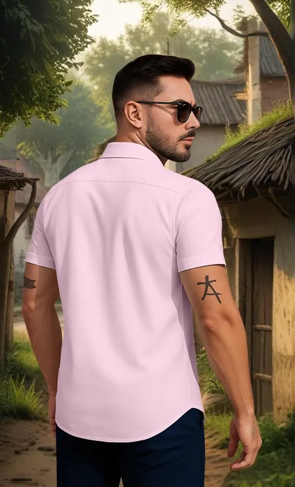 Pink_Beach_Print_Short_Sleeve_Shirt,_Light_Blue_And_Black_Colour_Block_Design_With_Palm_Tree_Pattern,_Casual_Summer_Button_Down