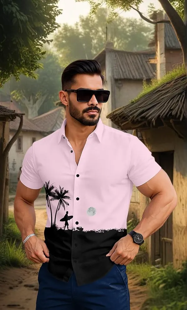 Pink_Beach_Print_Short_Sleeve_Shirt,_Light_Blue_And_Black_Colour_Block_Design_With_Palm_Tree_Pattern,_Casual_Summer_Button_Down