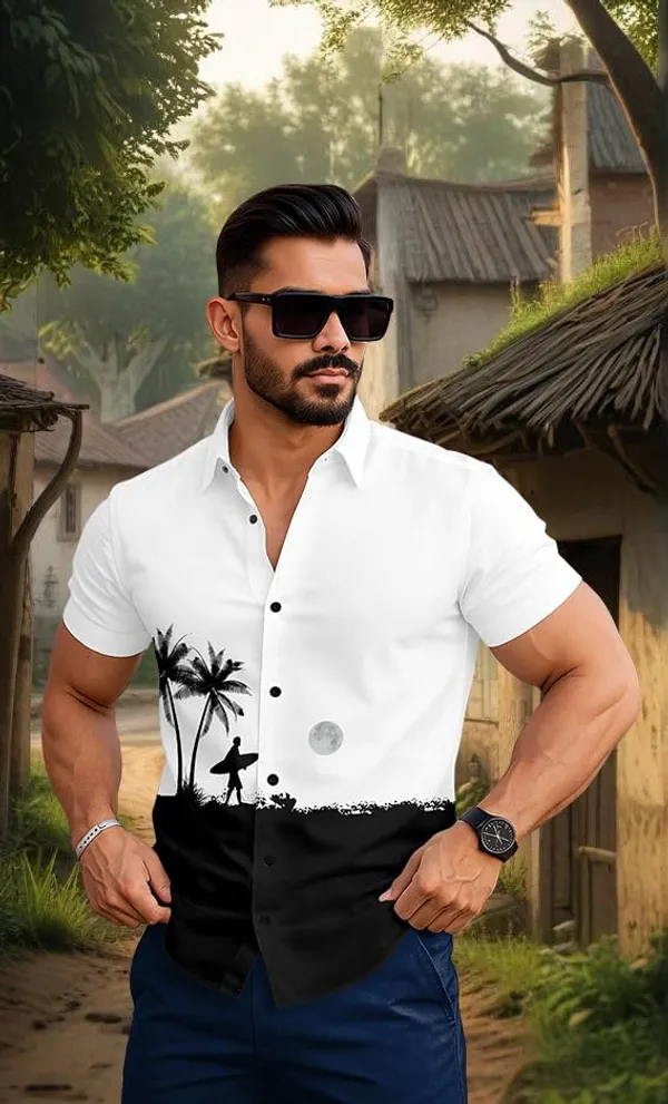 White_Beach_Print_Short_Sleeve_Shirt,_Light_Blue_And_Black_Colour_Block_Design_With_Palm_Tree_Pattern,_Casual_Summer_Button_Down