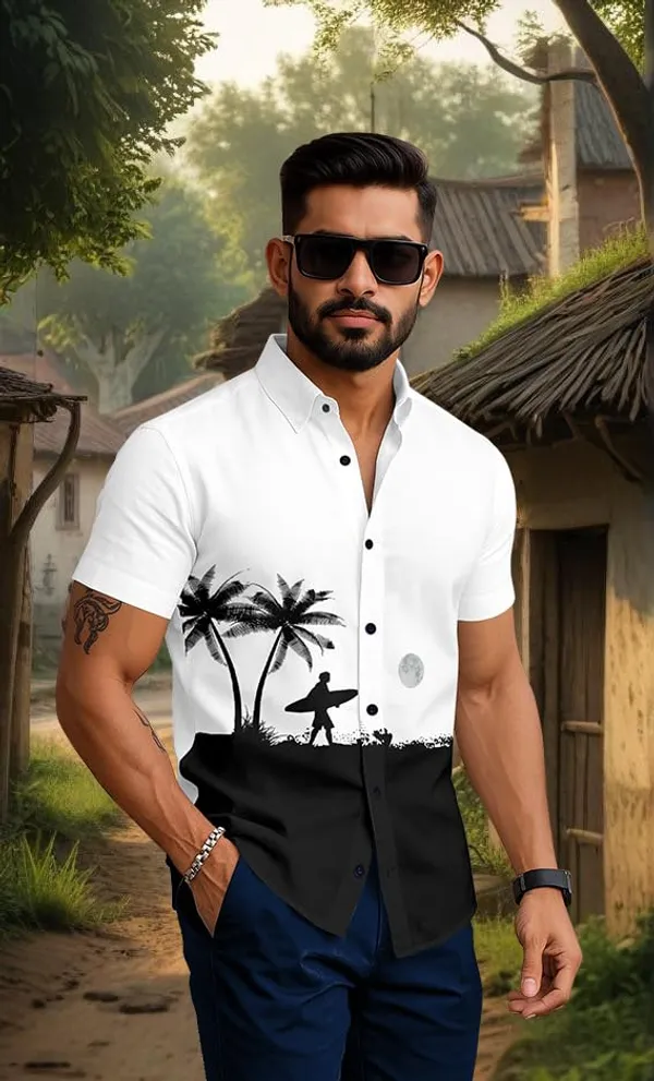 White_Beach_Print_Short_Sleeve_Shirt,_Light_Blue_And_Black_Colour_Block_Design_With_Palm_Tree_Pattern,_Casual_Summer_Button_Down