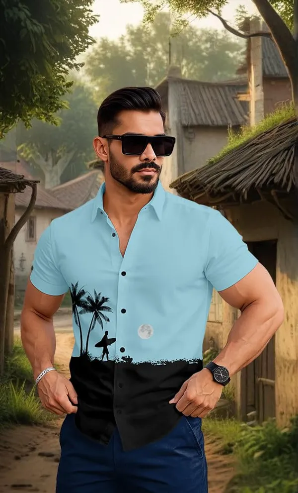 Blue_Beach_Print_Short_Sleeve_Shirt,_Light_Blue_And_Black_Colour_Block_Design_With_Palm_Tree_Pattern,_Casual_Summer_Button_Down