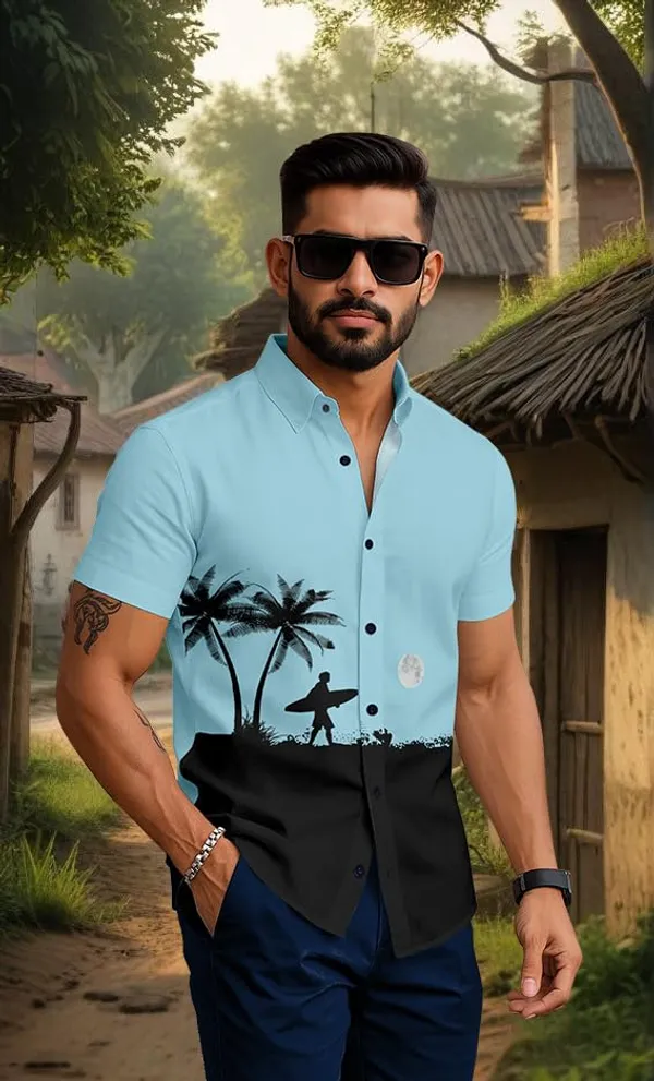 Blue_Beach_Print_Short_Sleeve_Shirt,_Light_Blue_And_Black_Colour_Block_Design_With_Palm_Tree_Pattern,_Casual_Summer_Button_Down