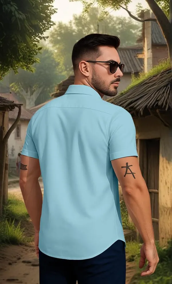 Blue_Beach_Print_Short_Sleeve_Shirt,_Light_Blue_And_Black_Colour_Block_Design_With_Palm_Tree_Pattern,_Casual_Summer_Button_Down