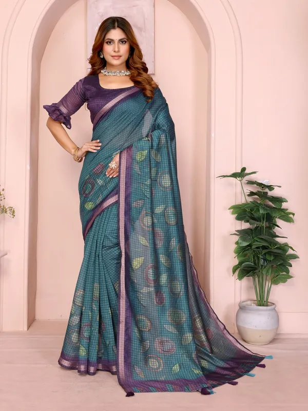 Teal_Blue_&_Purple_Black_Chanderi_Saree_For_Women