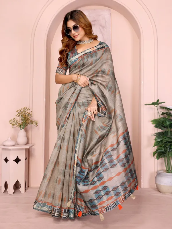 Grey_&_Rust_Patterned_Black_Chanderi_Saree_For_Women