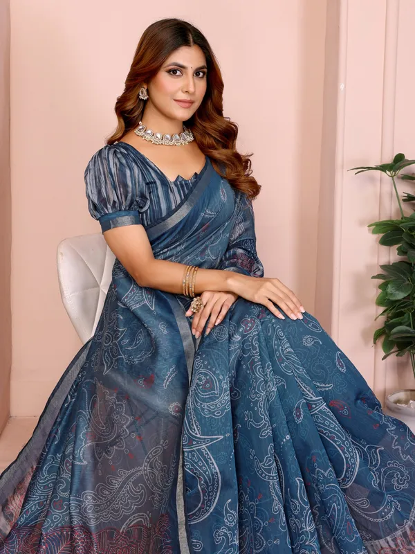 Blue_Printed_Black_Chanderi_Saree_For_Women