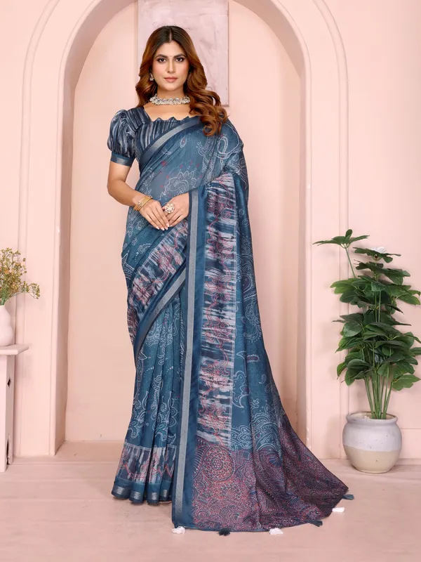 Blue_Printed_Black_Chanderi_Saree_For_Women