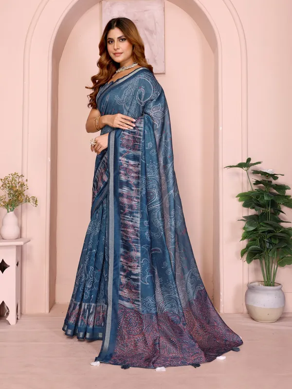 Blue_Printed_Black_Chanderi_Saree_For_Women