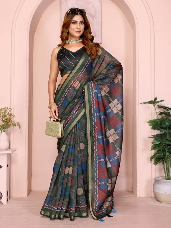 Dark_Green_Multicolor_Checkered_Black_Chanderi_Saree_For_Women