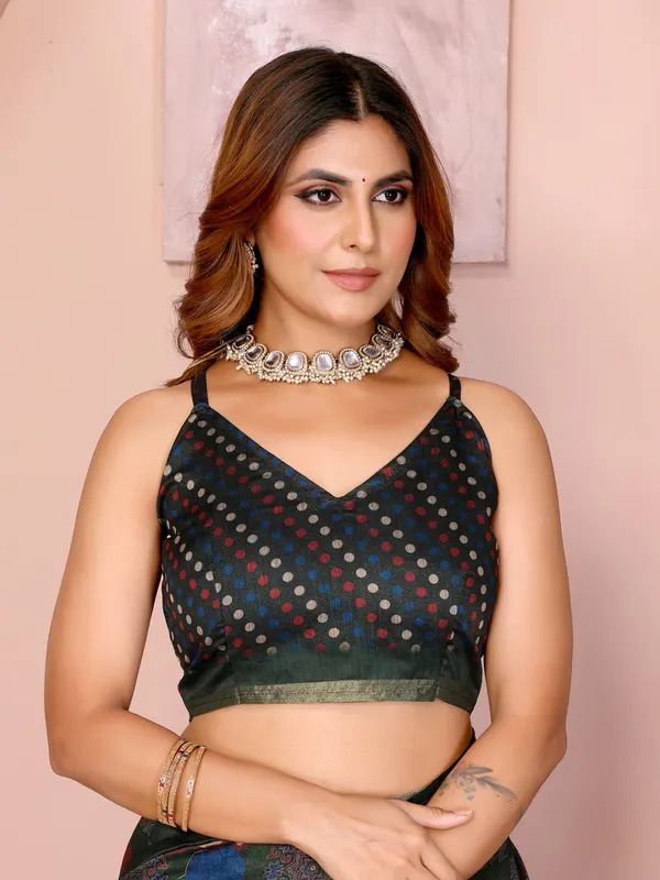 Dark_Green_Multicolor_Checkered_Black_Chanderi_Saree_For_Women