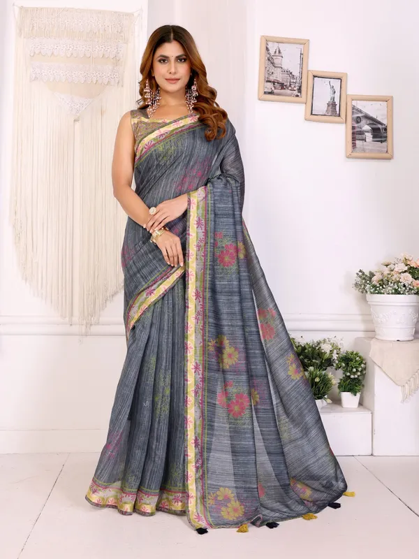 Grey_Floral_Printed_Chanderi_Saree_For_Women