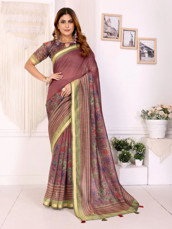 Maroon_&_Olive_Floral_Printed_Chanderi_Saree_For_Women