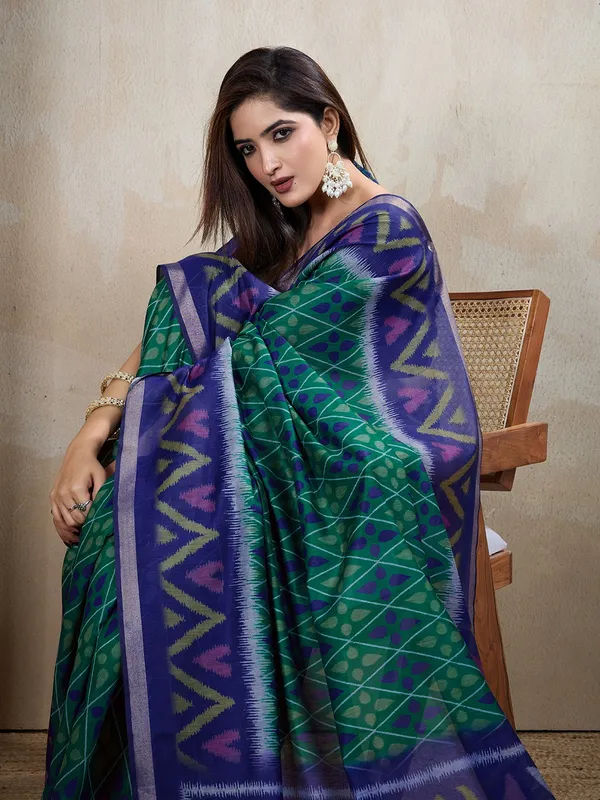 Blue_&_Green_Ikat_Printed_Chanderi_Saree_For_Women