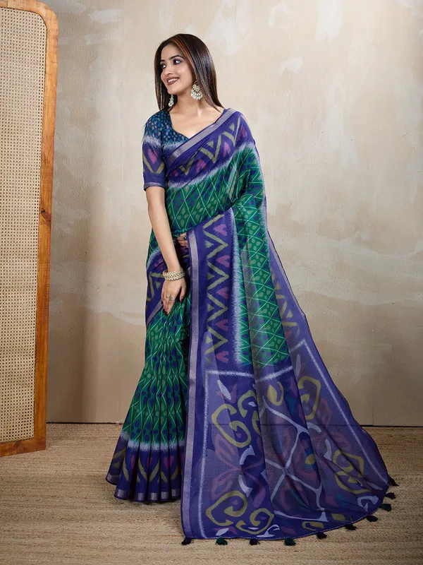 Blue_&_Green_Ikat_Printed_Chanderi_Saree_For_Women