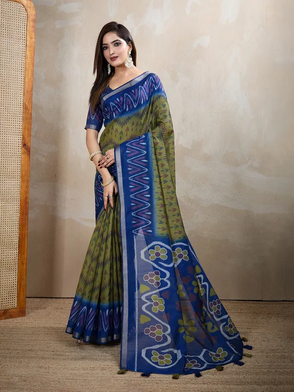 Olive_Green_&_Blue_Ikat_Printed_Chanderi_Saree_For_Women