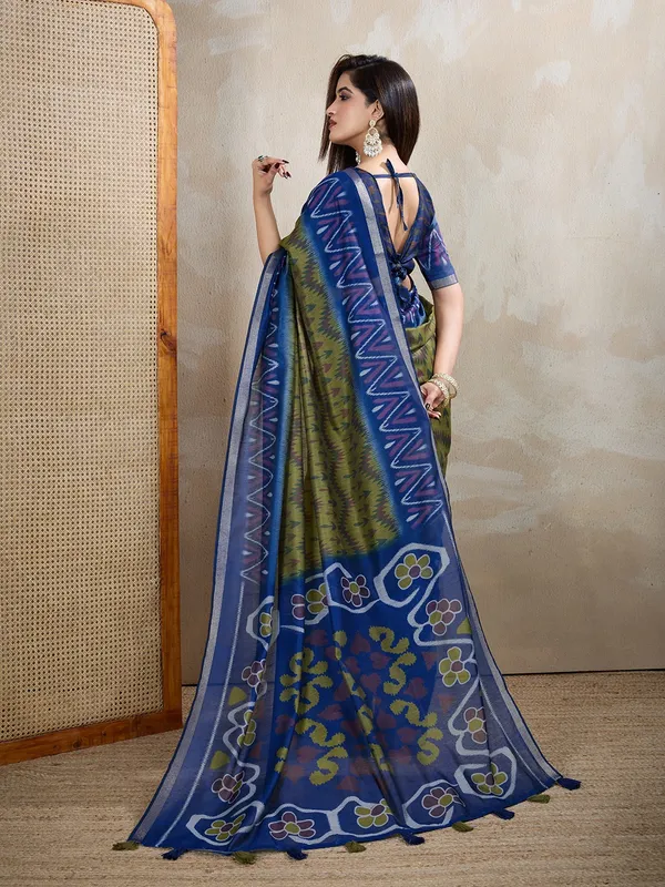 Olive_Green_&_Blue_Ikat_Printed_Chanderi_Saree_For_Women