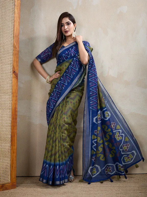 Olive_Green_&_Blue_Ikat_Printed_Chanderi_Saree_For_Women