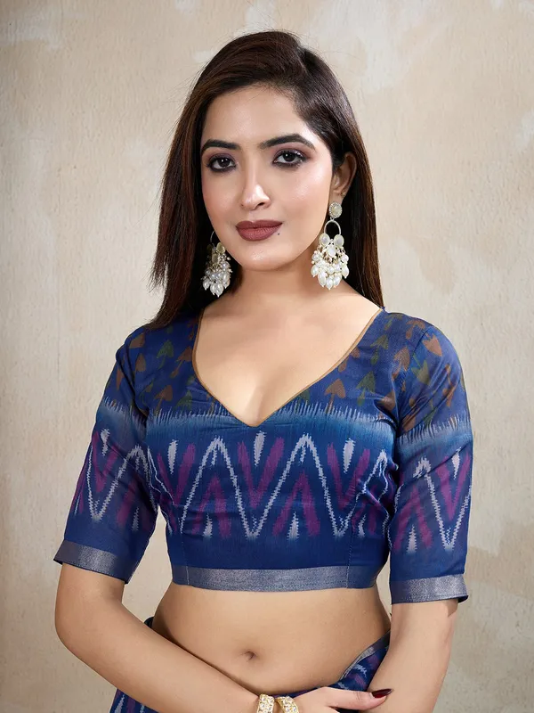 Olive_Green_&_Blue_Ikat_Printed_Chanderi_Saree_For_Women