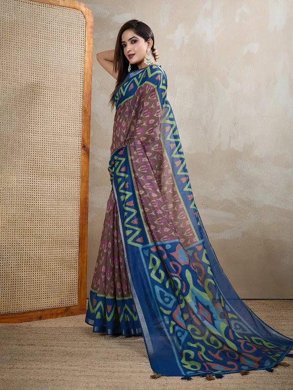 Brown_&_Blue_Ikat_Printed_Chanderi_Saree_For_Women