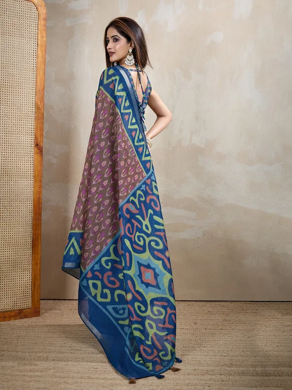 Brown_&_Blue_Ikat_Printed_Chanderi_Saree_For_Women