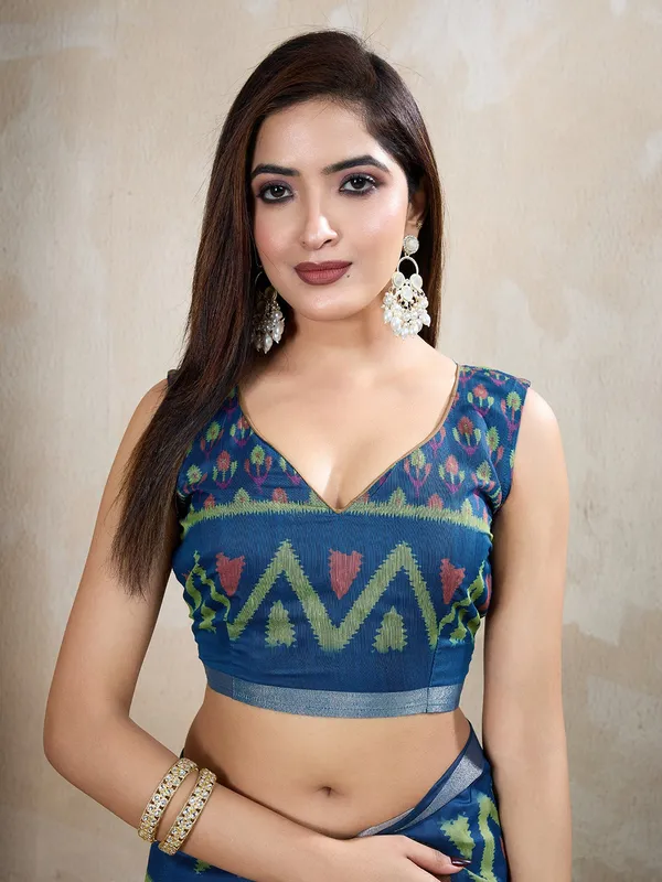 Brown_&_Blue_Ikat_Printed_Chanderi_Saree_For_Women