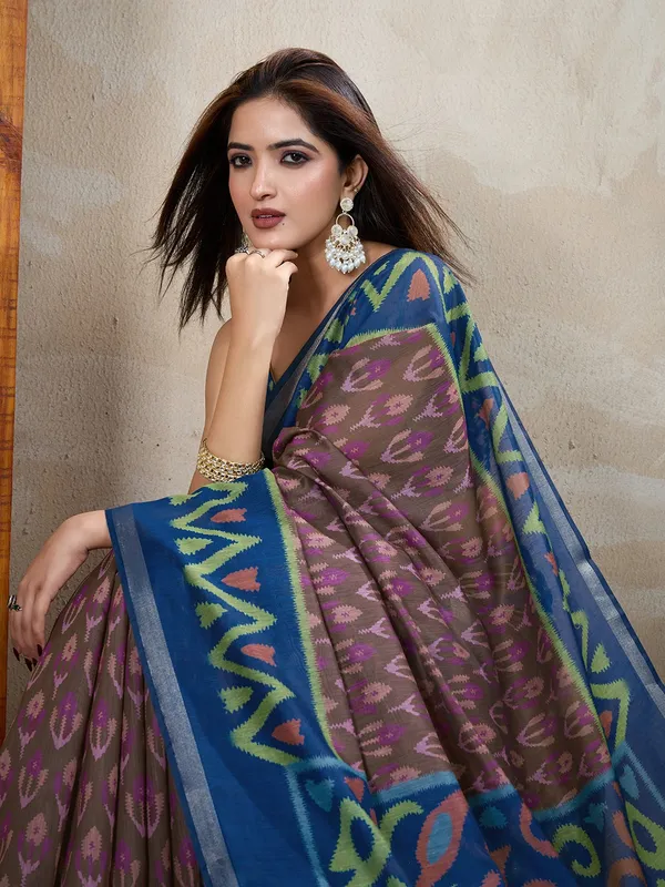 Brown_&_Blue_Ikat_Printed_Chanderi_Saree_For_Women