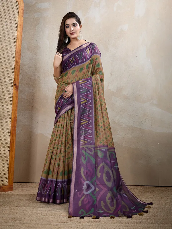 Olive_&_Purple_Ikat_Printed_Chanderi_Saree_For_Women