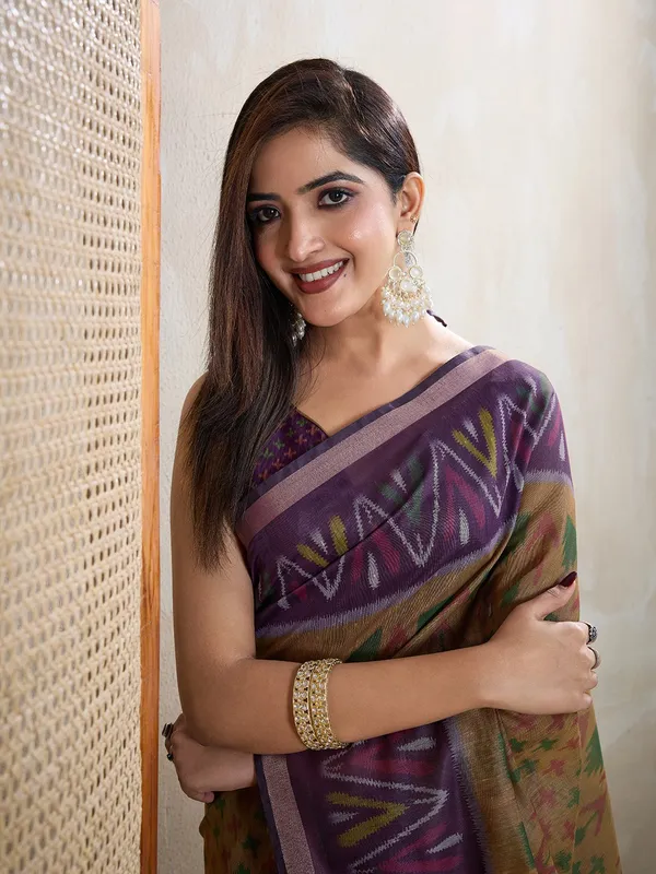 Olive_&_Purple_Ikat_Printed_Chanderi_Saree_For_Women