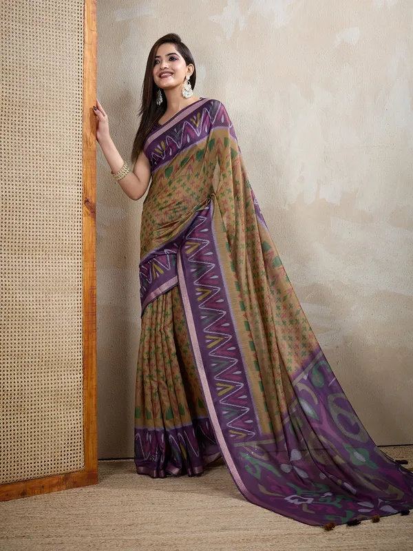 Olive_&_Purple_Ikat_Printed_Chanderi_Saree_For_Women