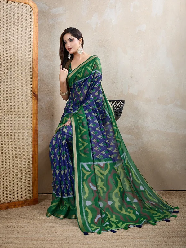 Green_&_Blue_Ikat_Printed_Chanderi_Saree_For_Women