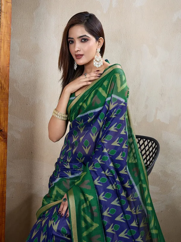 Green_&_Blue_Ikat_Printed_Chanderi_Saree_For_Women