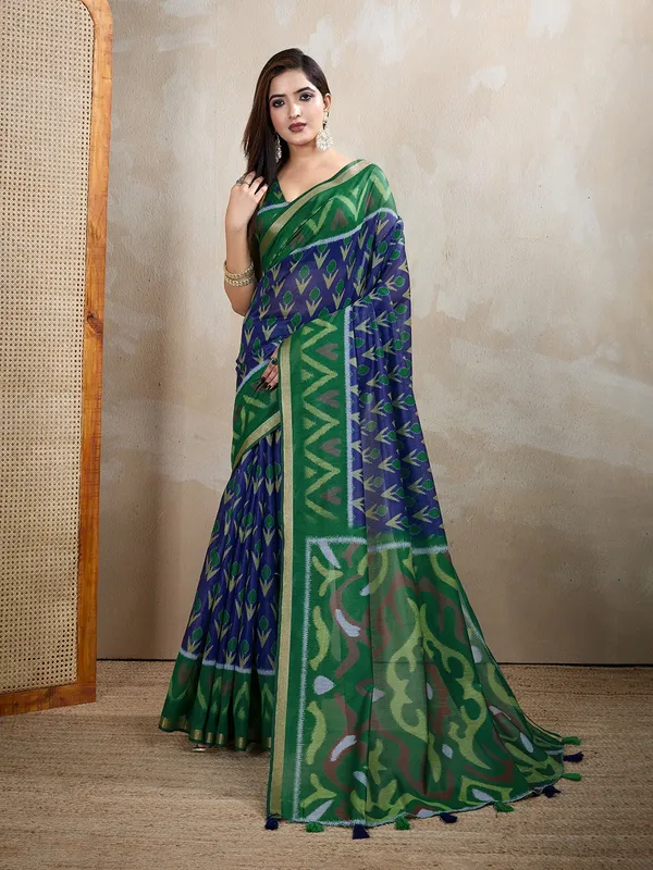 Green_&_Blue_Ikat_Printed_Chanderi_Saree_For_Women