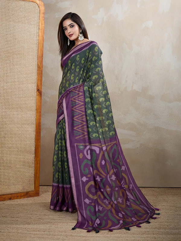 Dark_Green_&_Purple_Ikat_Printed_Chanderi_Saree_For_Women
