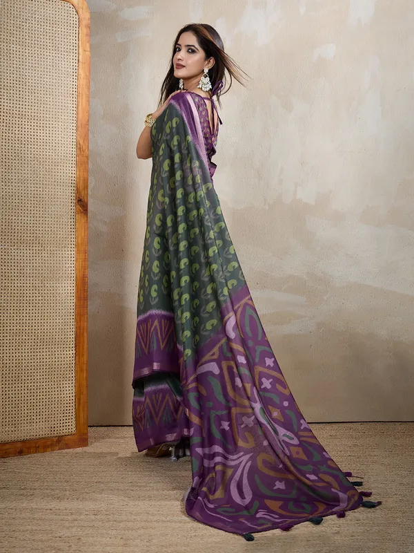 Dark_Green_&_Purple_Ikat_Printed_Chanderi_Saree_For_Women