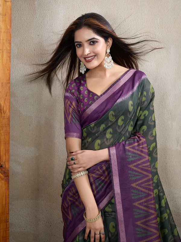 Dark_Green_&_Purple_Ikat_Printed_Chanderi_Saree_For_Women