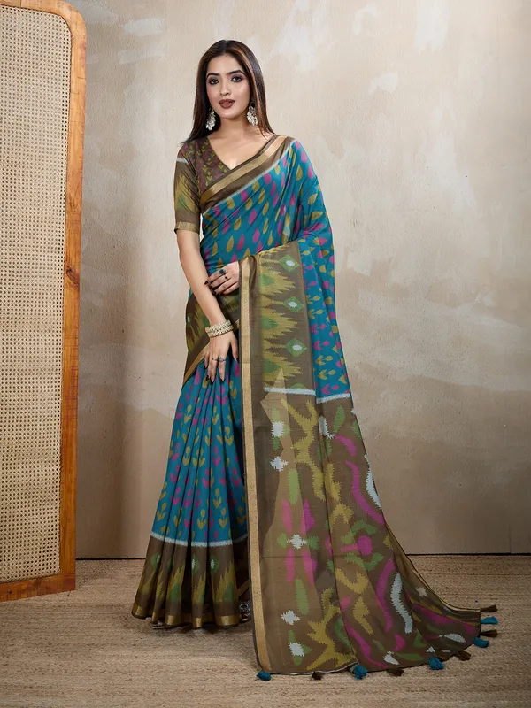 Teal_Blue_&_Olive_Green_Ikat_Printed_Chanderi_Saree_For_Women