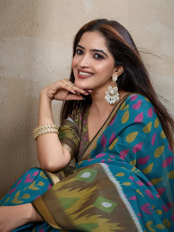 Teal_Blue_&_Olive_Green_Ikat_Printed_Chanderi_Saree_For_Women